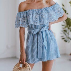 Goodnight Macaroon Blue Off-Shoulder Romper